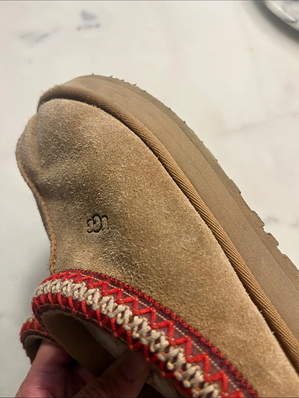 UGG Kids Tan Suede Slip-On Slippers with Red Trim